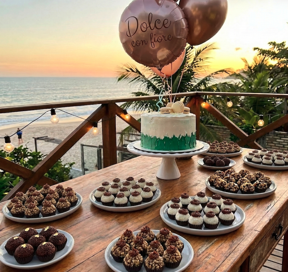 Imagem gerada por inteligencia artificial com uma mesa de festa contendo um bolo e doces. O cenário é praieiro e alegre em um fim de tarde.