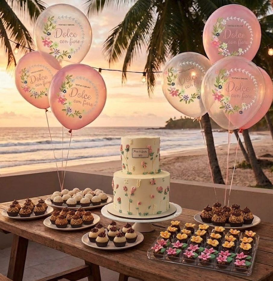 Imagem gerada por inteligencia artificial com uma mesa de festa contendo um bolo e doces. O cenário é praieiro e alegre em um fim de tarde.